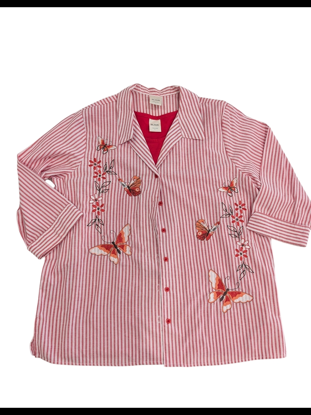 Blair 2 Piece Set Women Large Red Stripe Button Shirt Butterfly Embroidered Tee